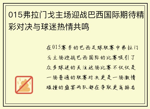 015弗拉门戈主场迎战巴西国际期待精彩对决与球迷热情共鸣