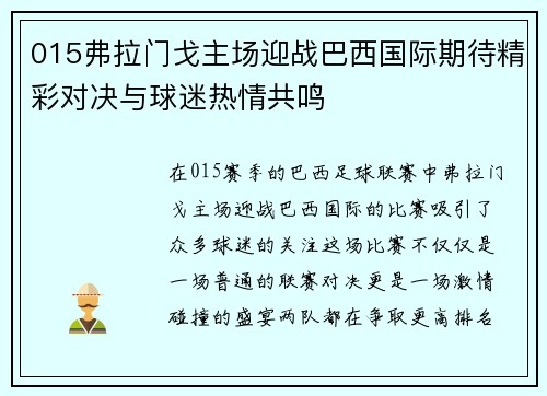 015弗拉门戈主场迎战巴西国际期待精彩对决与球迷热情共鸣