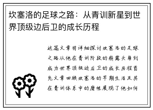 坎塞洛的足球之路：从青训新星到世界顶级边后卫的成长历程